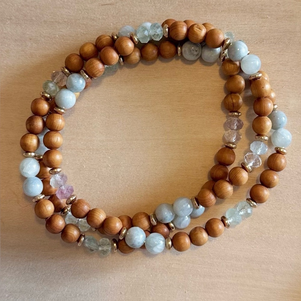Natural Wood, Quartz & Fluorite Beaded Stretchy Wrap Bracelet